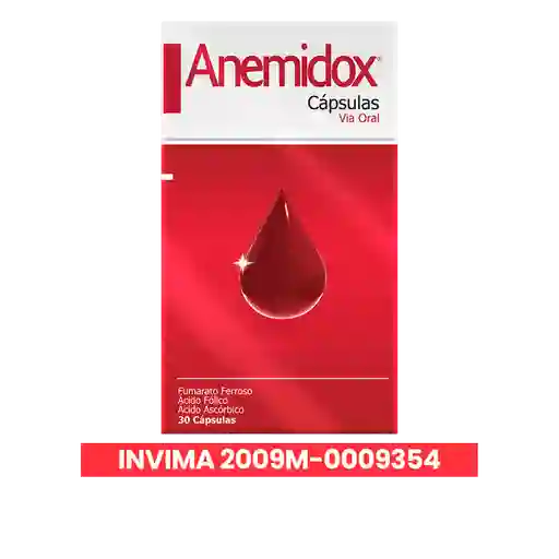 Anemidox tratamiento para la deficiencia de Hierro con Fumarato Ferroso Ácido Fólico y Vitamina C 30 Cápsulas