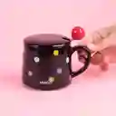 Taza Cerámica Con Cuchara y Tapa Serie Dots Negro 300 mL Miniso