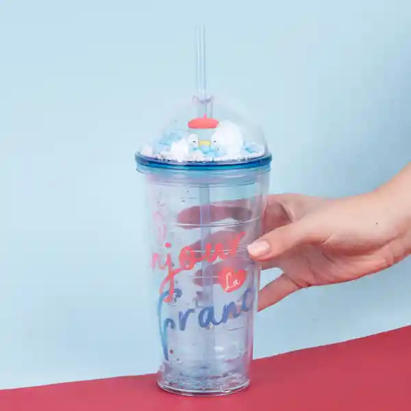 Vaso Plástico Con Pitillo de Serie Mini Family 600 mL Miniso