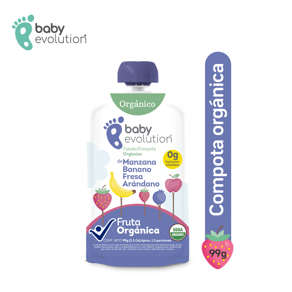 Baby Evolution Compota Orgánica Manzana Banano Fresa. 0g de azúcar añadido.