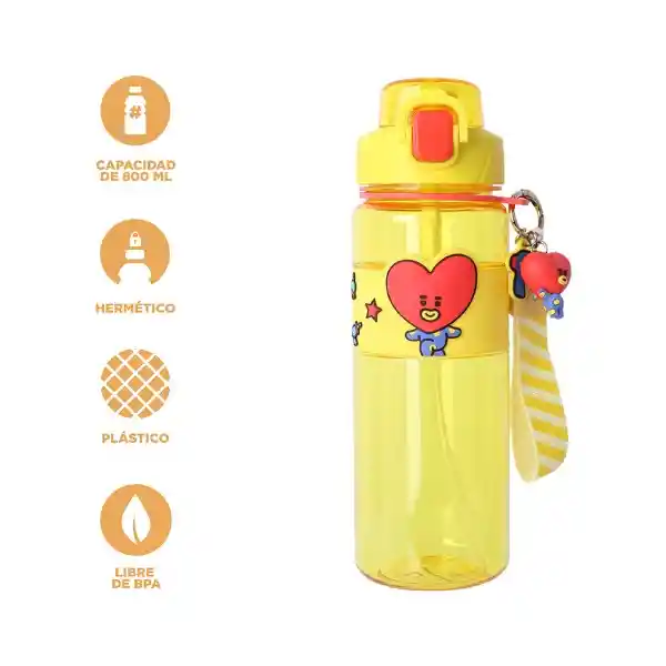Botella Con Correa Funda Tata Serie Amarillo 800 mL Bt21 Miniso