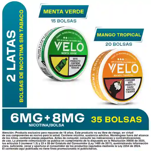 Combo Velo Bolsa de Nicotina Menta Verde 6 mg + Mango Tropical