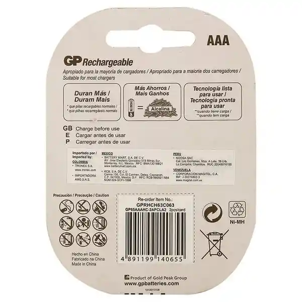 Gp 2 Pilas Recargables Tipo Aaa Gp65Aaahc-2Apcla2