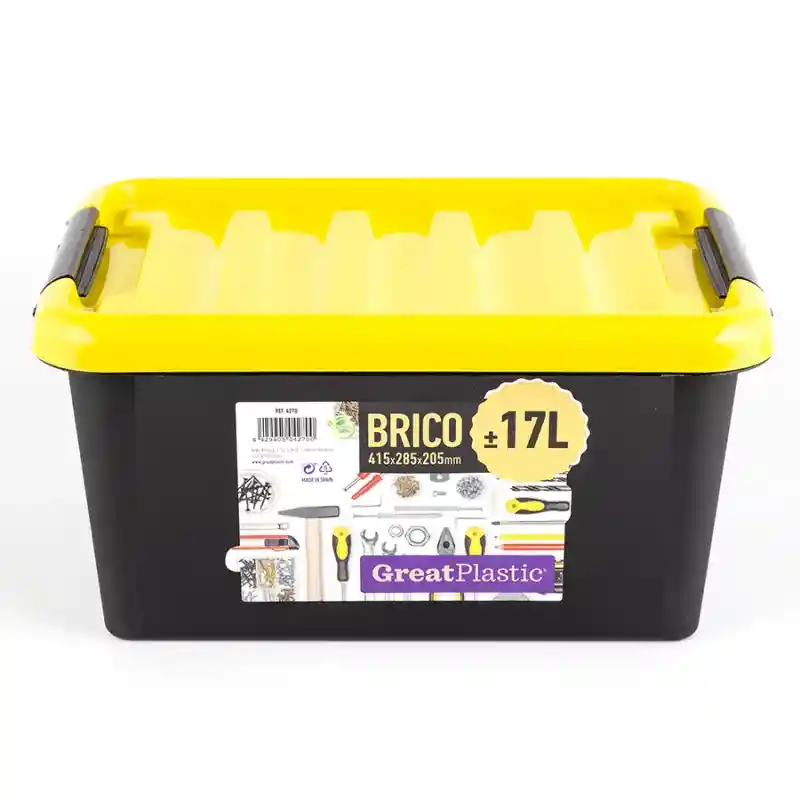 Great Plastic Caja Organizadora Brico. Negro Con Tapa Amarilla. Capacidad 17 Litros. Ideal Para Guardar Herramientas. Sku 210061. Sku 8429905042700