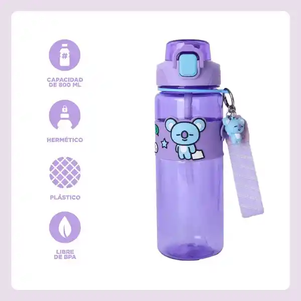 Botella Con Correa y Funda Serie Koya Morado 800 mL Bt21 Miniso
