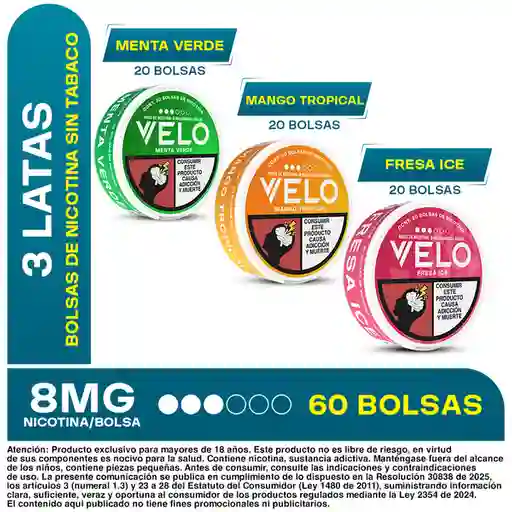 Velo Nicotina Menta Verde + Mango Tropical + Fresa Ice