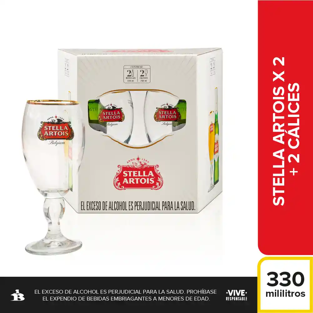 Kit Cerveza Stella Artois Botella 330 ml x2 + 2 Cáliz