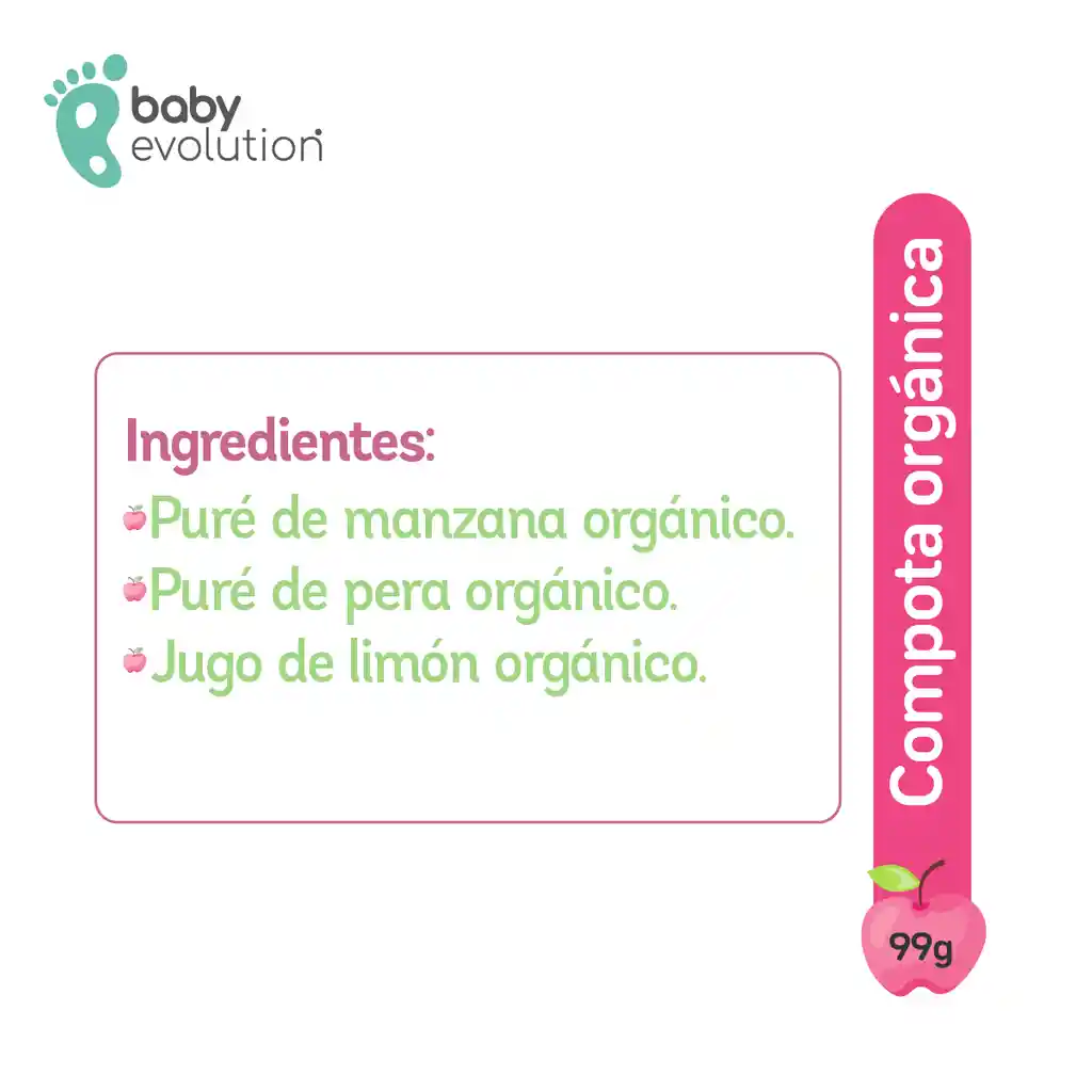 Baby Evolution Compota Orgánica  Manzana Pera. 0g de azúcar añadido.