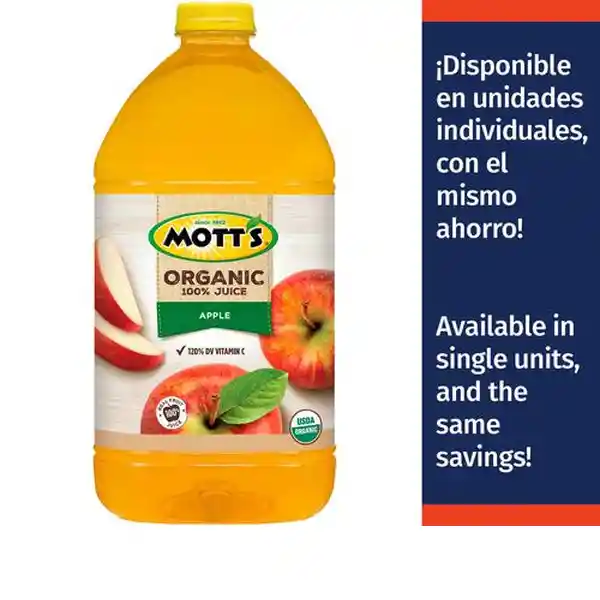 Motts Jugo de Manzana 100% Orgánico Sin Azúcar Añadida