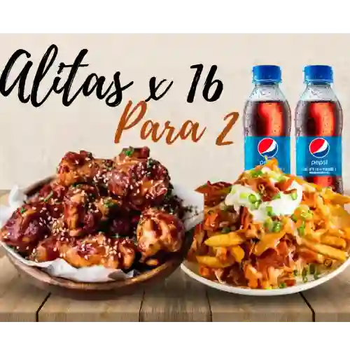 Alitas para Dos + Tocipapas + 2 Bebidas