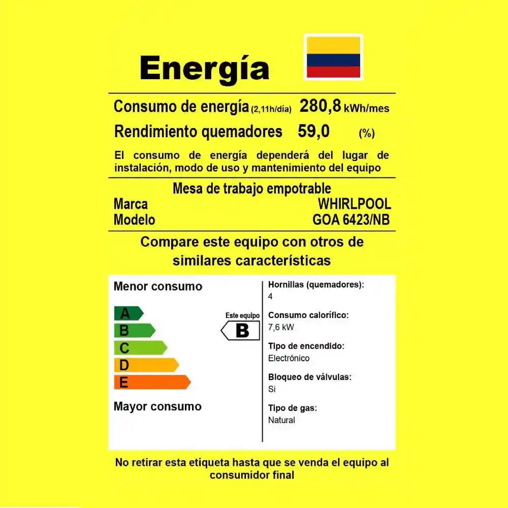 Whirlpool Estufa de Gas con Vitrocerámica 4 Puestos de Gas