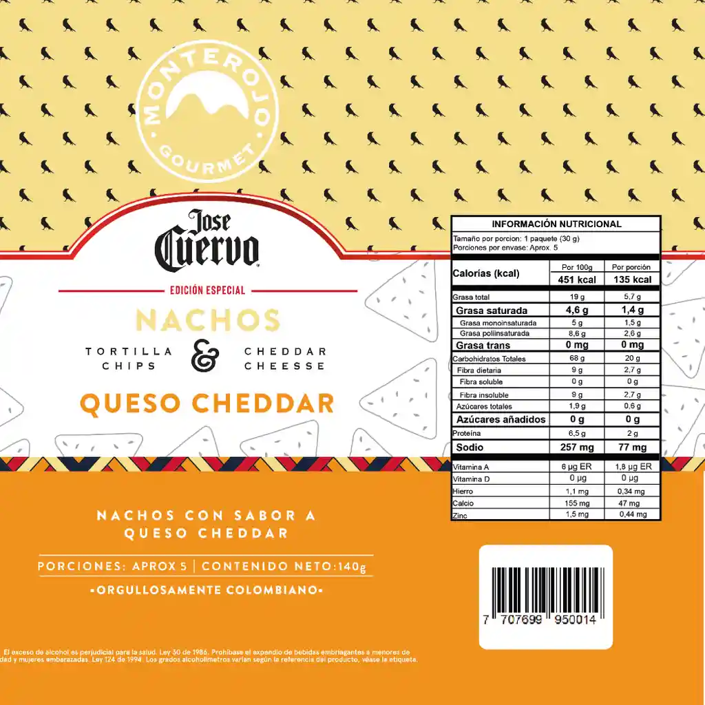 Nachos Queso Cheddar Amarillo Jose Cuervo 140gr MonteRojo Gourmet 