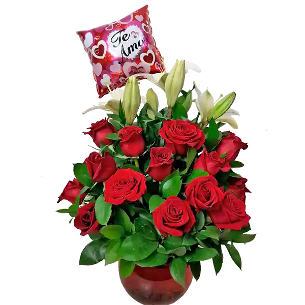 Arreglo Floral Base Pecera Con Rosas Rojas y Lirios