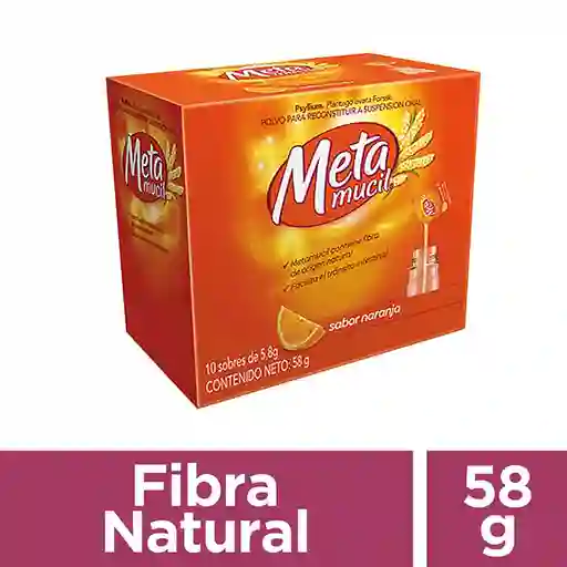 Metamucil Fibra Natural Psyllium ayuda a la regularización intestinal sabor Naranja 10 Unidades