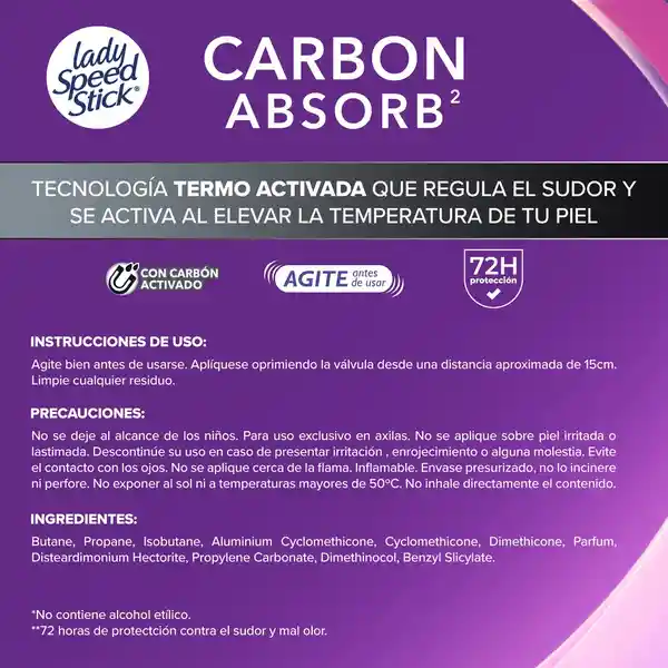 Desodorante Mujer Lady Speed Stick Carbon Absorb Spray 2x91g