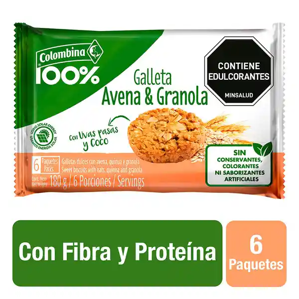 Colombina 100% Galleta Avena y Granola con Quinua, Coco y Uvas