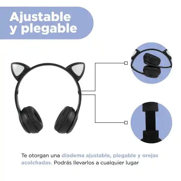 Audífonos Inalambrico Luz Led Orejas de Gato Negro 23Bf06 Miniso