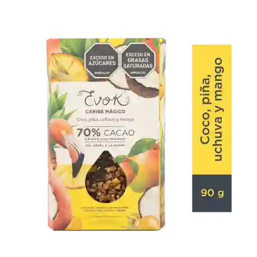 Evok Chocolate 70% cacao, Caribe Mágico Coco, piña, uchuva y mango