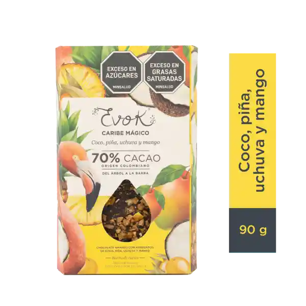 Evok Chocolate 70% cacao, Caribe Mágico Coco, piña, uchuva y mango