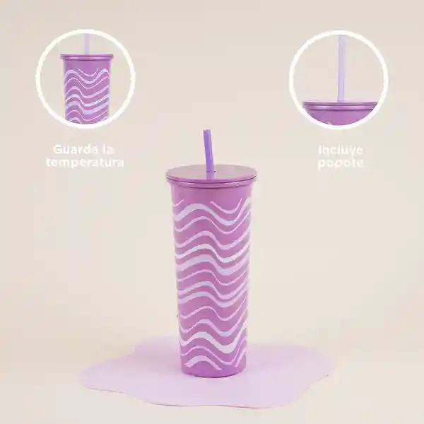 Vaso de Acero Con Pitillo Olas Rosa 800 mL Miniso