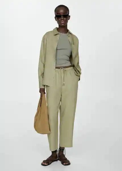 Pantalón Linen Verde Talla L Mujer Mango