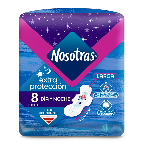 Nosotras Toallas Higiénicas Extra Protección Larga Dia y Noche 8 und