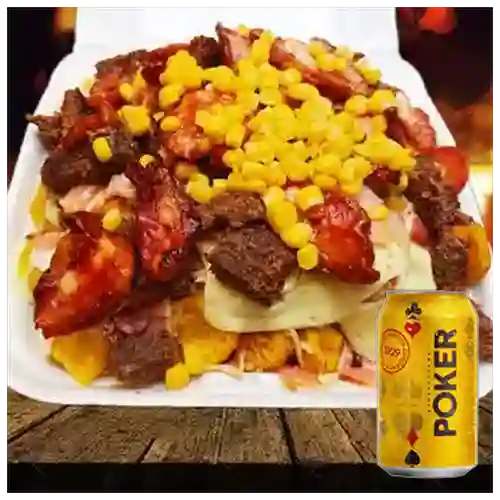 Combo Salchipapa Especial + Cerveza Poker Lta 330ml