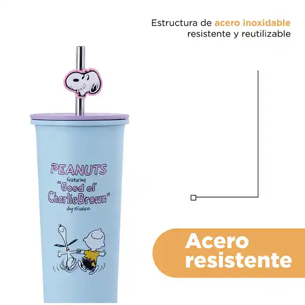 Vaso de Acero Inoxidable Con Pitillo Snoopy Azul 800 mL Miniso