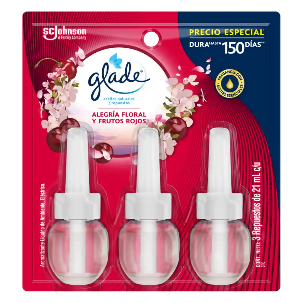 Glade Ambientador Aceites Naturales Repuesto x3 Alegría Floral y frutos Rojos 21 mL