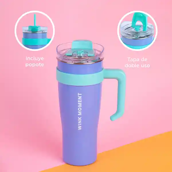 Vaso de Acero Con Pitillo Azul y Verde 1600 mL Miniso