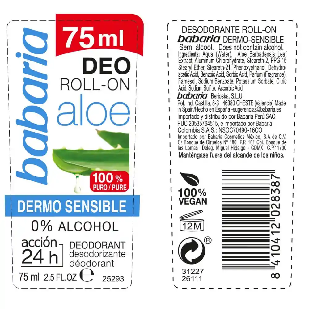 Babaria Desodorante en Roll On Dermo Sensible Aloe