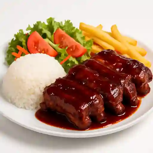 Costillitas Fritas y Bañadas en Salsa B.b.q con Arroz, Ensalada
