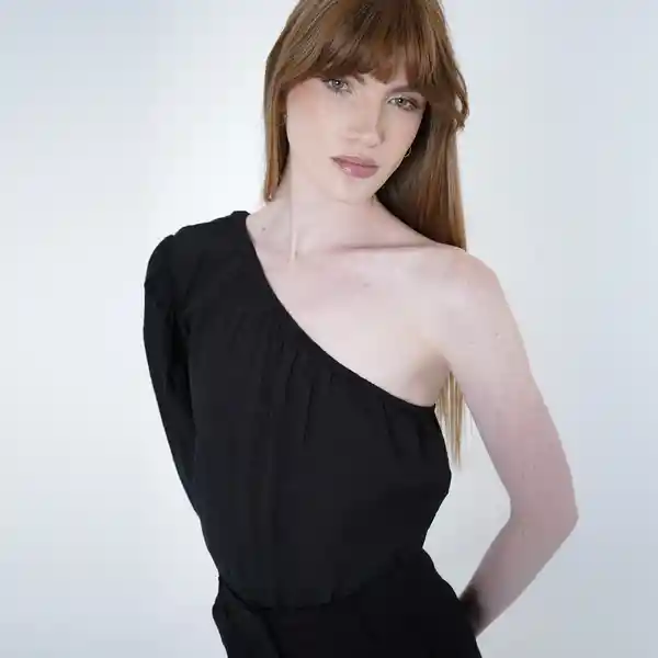 Blusa Asimétrica Elástico y Manga 3/6 Negro M Fuera de Serie