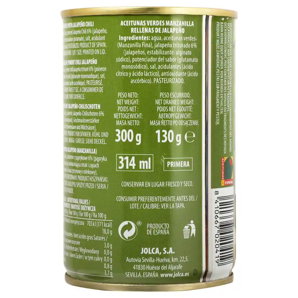 Jolca Aceituna Manzanilla Rellena de Chile Jalapeño