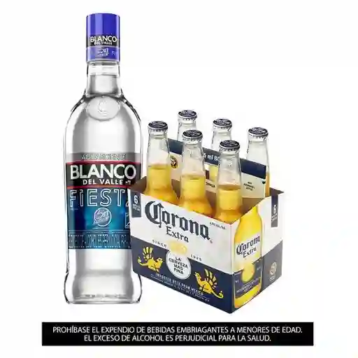 Aguardiente Blanco Del Valle Fiesta 750 Ml + Sixpack Corona Botella 330 Ml