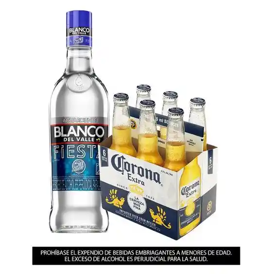 Aguardiente Blanco Del Valle Fiesta 750 Ml + Sixpack Corona Botella 330 Ml