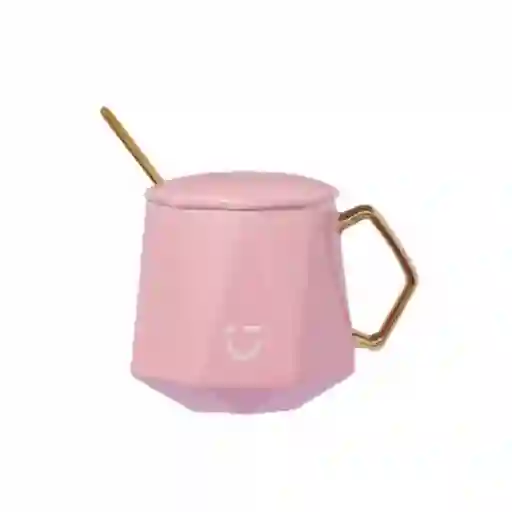 Taza de Cerámica Con Asa Tapa y Cuchara Rosa 360 mL Miniso