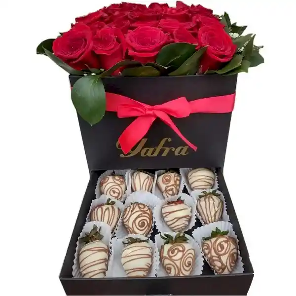 Caja de Cajón Con Rosas y Fresas Con Chocolate