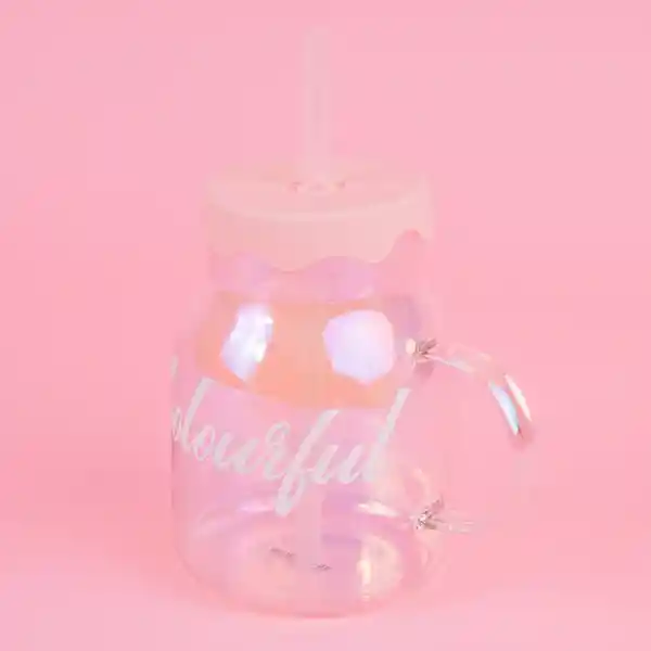 Taza de Vidrio Con Tapa y Pitillo Serie Holográfica Miniso