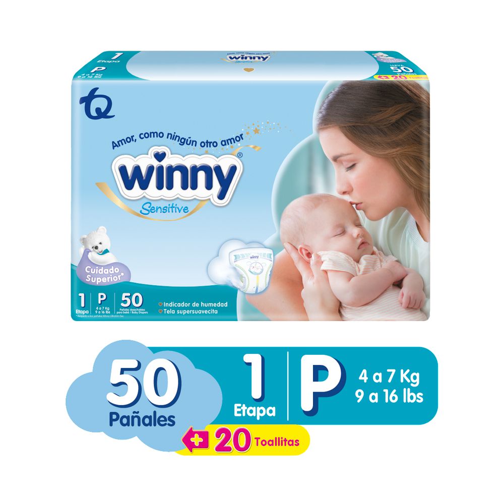 Winny Pañales Desechables Sensitive Etapa 1 + Toallitas Húmedas 50 und