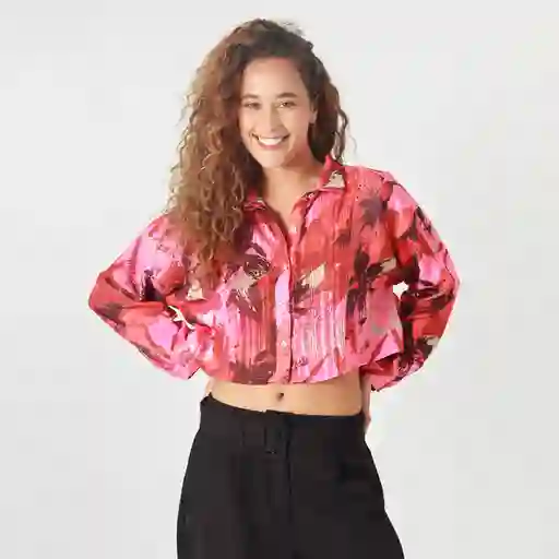 Blusa Crop Cuello Camisero Manga Larga Multicolor Talla M 718998