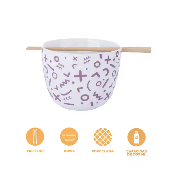 Tazón de Cerámica Con Palillos Serie Morado 1150 mL Miniso