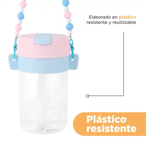 Vaso Pitillo de Plástico Con Tapa Removible y Correa Rosa Miniso