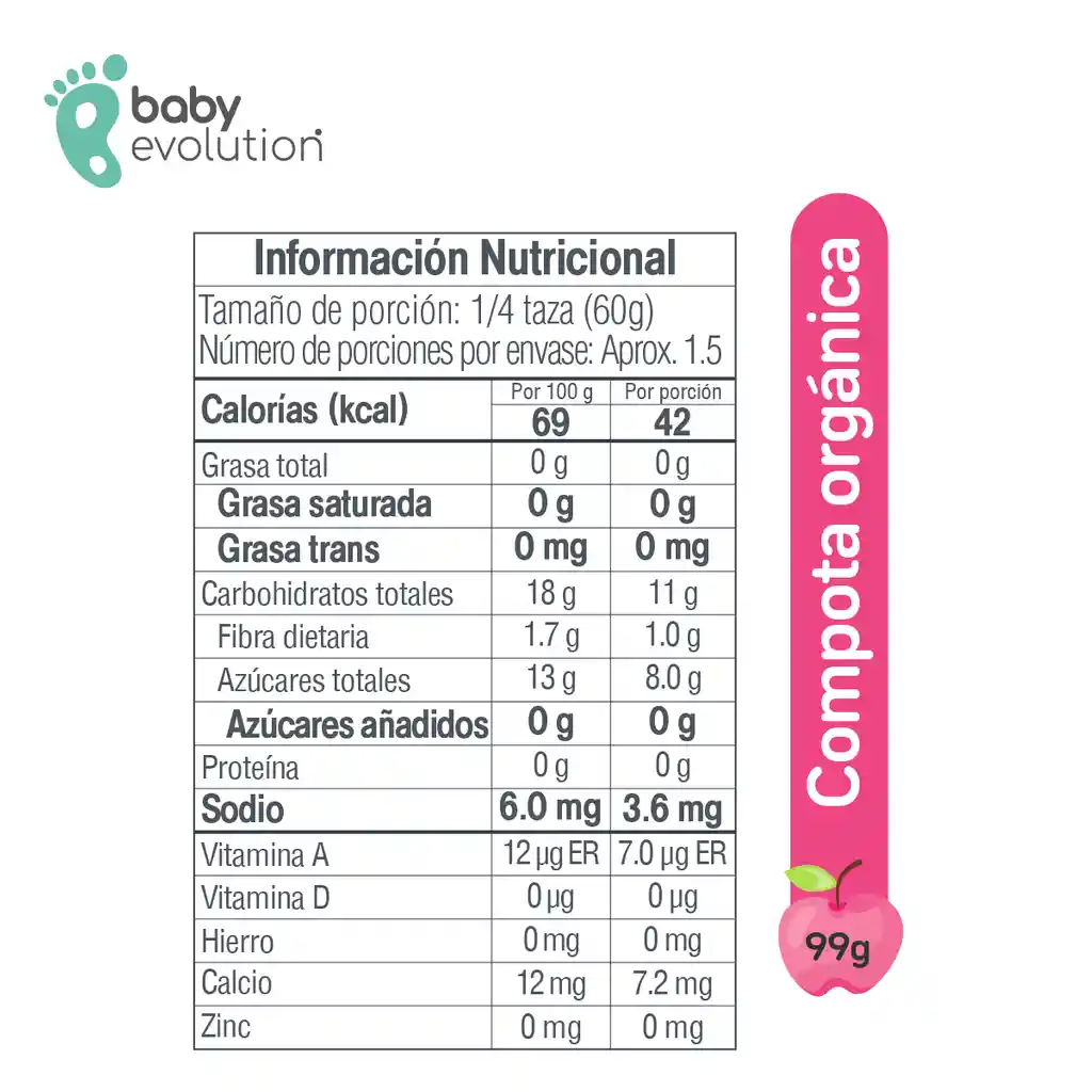 Baby Evolution Compota Orgánica  Manzana Pera. 0g de azúcar añadido.