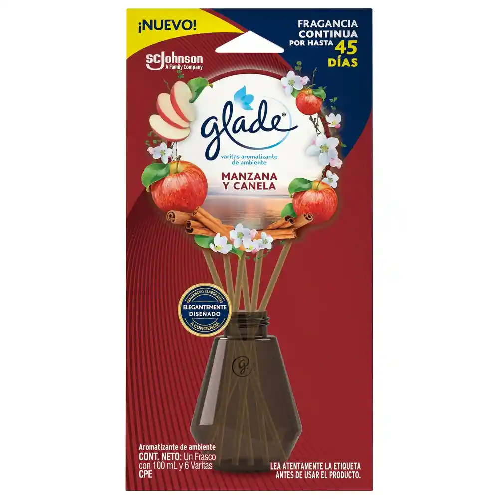 Glade Varitas Ambientador Manzana Canela Frasco con 100 ml y 6 Varitas