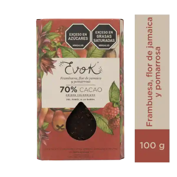 Evok Chocolate Amargo con Hierbas y Frutas Pomarrosa Flor de Jamaica y Frambuesa