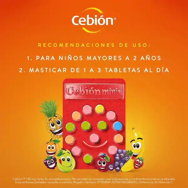 Cebión Minis tabletas masticables para niños Vitamina C Multi-Sabor con 45 unidades