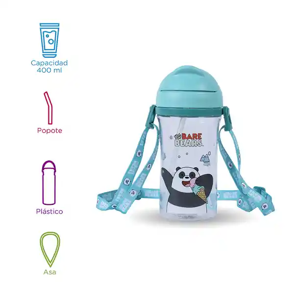 Vaso Plástico Con Pitillo y Correa Panda Azul 400 mL Miniso