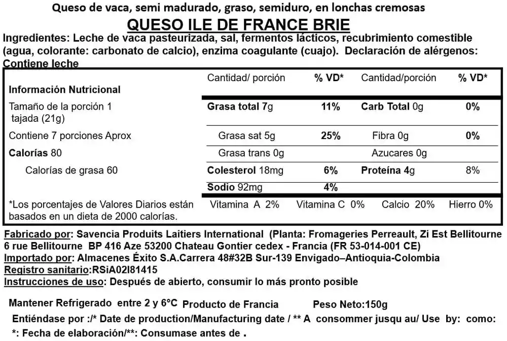 Ile De France Queso Brie Laminado Suave y Extra Cremoso
