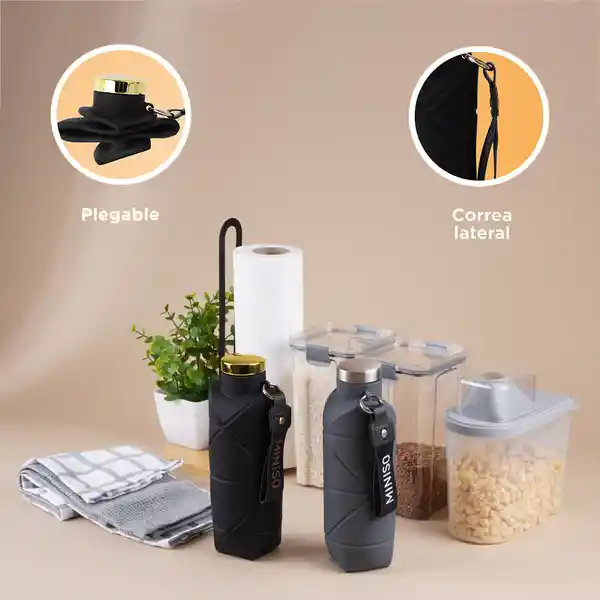 Botella Plástico Silicona Portátil de Silver Grey Negro Miniso